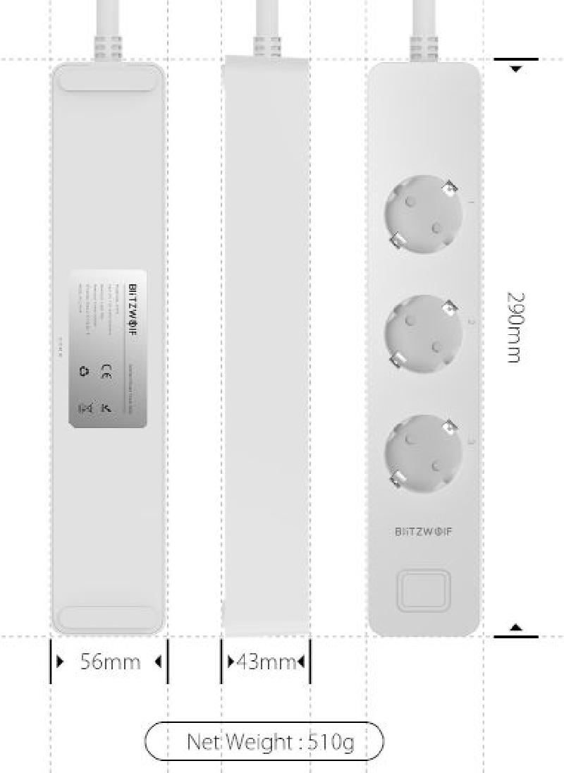 Blitzwolf BW-SHP9 Triple powerstrip with dual USB power - BlitzWolf-BW-SHP9-Power-strip-measurement.jpg